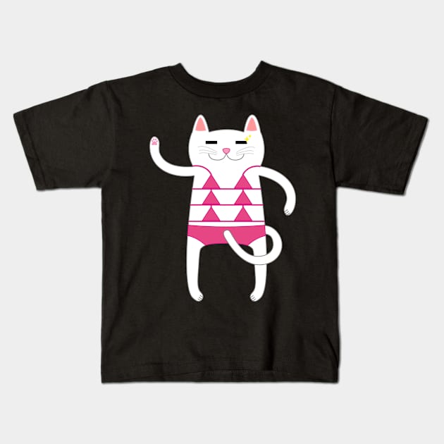 White Cat Wearing a Pink Bikini Swimsuit Kids T-Shirt by Babey Bog